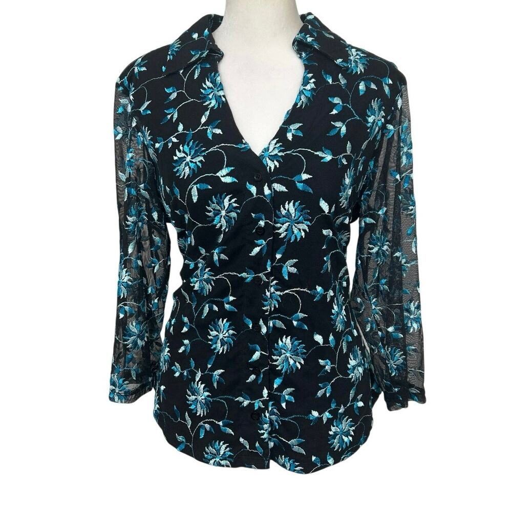 INC Y2K Dark Romantic Floral Embroidered Mesh Sheer Sleeve Top Whimsigoth L